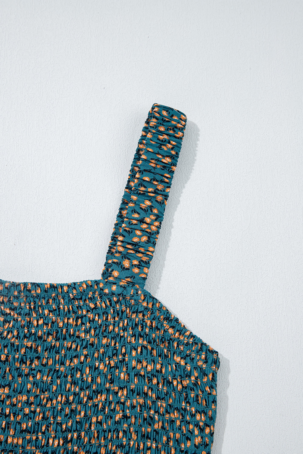 Green Floral Print Smocked High Waist Square Neck Jumpsuit- Women