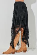 Black Lace Cascading Tiered High Waist Maxi Skirt- Women