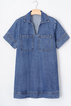 Blue Short Sleeve Collared Patched Pocket Denim Mini Dress- Women