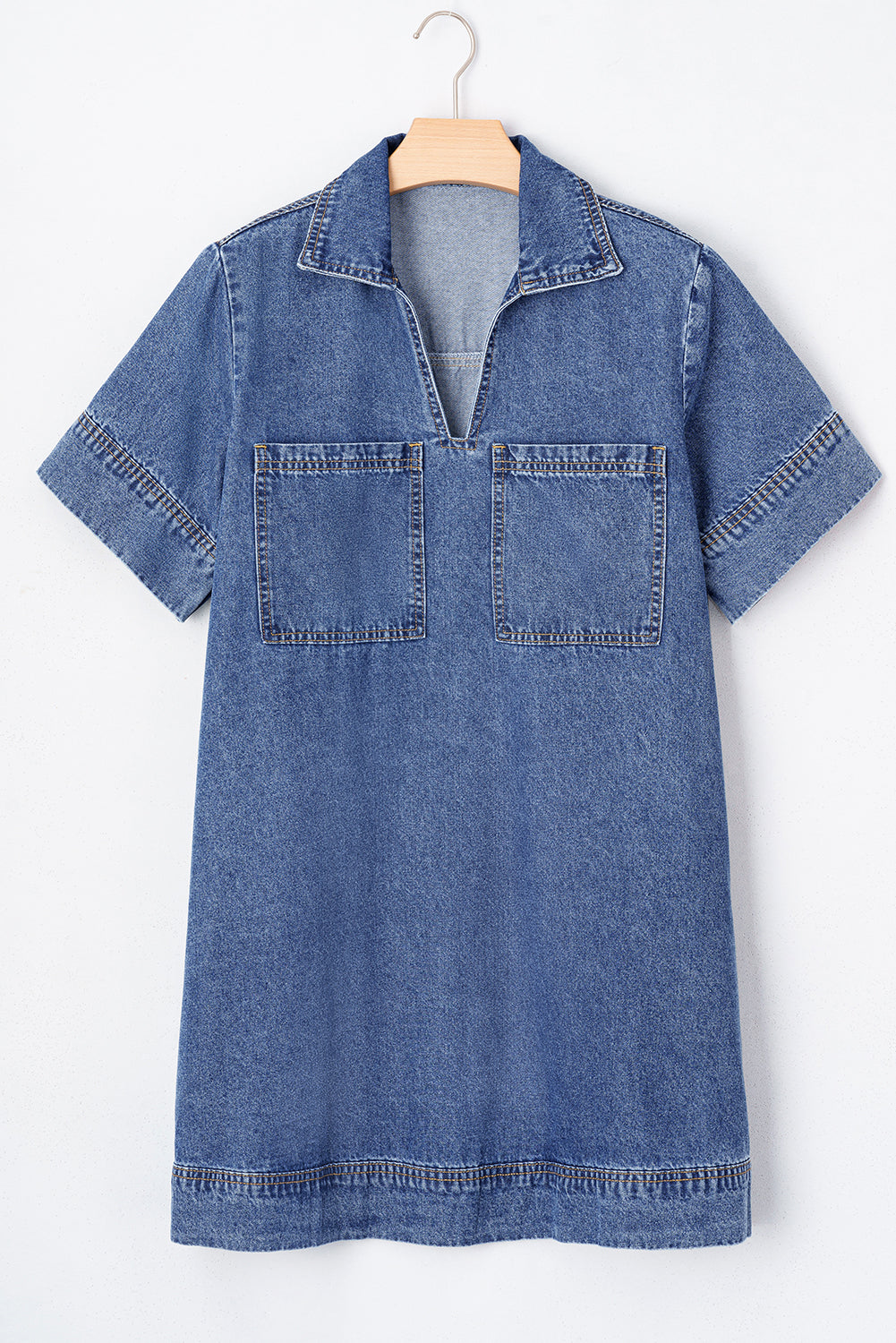 Blue Short Sleeve Collared Patched Pocket Denim Mini Dress- Women