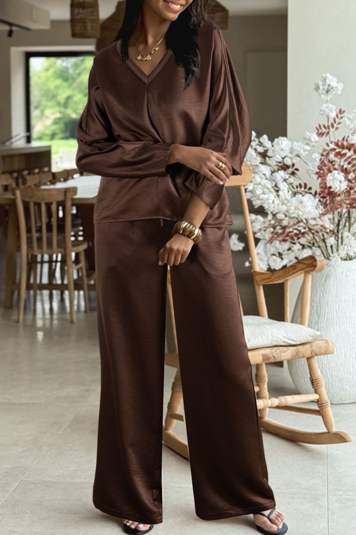 Dark Brown Braided V Neck Long Sleeve Loose Top and Drawstring High Waist Pants 2pcs Outfit- Women
