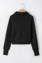 Black Fleece Lined Zip Up Stand Collar Thumbhole Sleeve Sweatshirt- Women