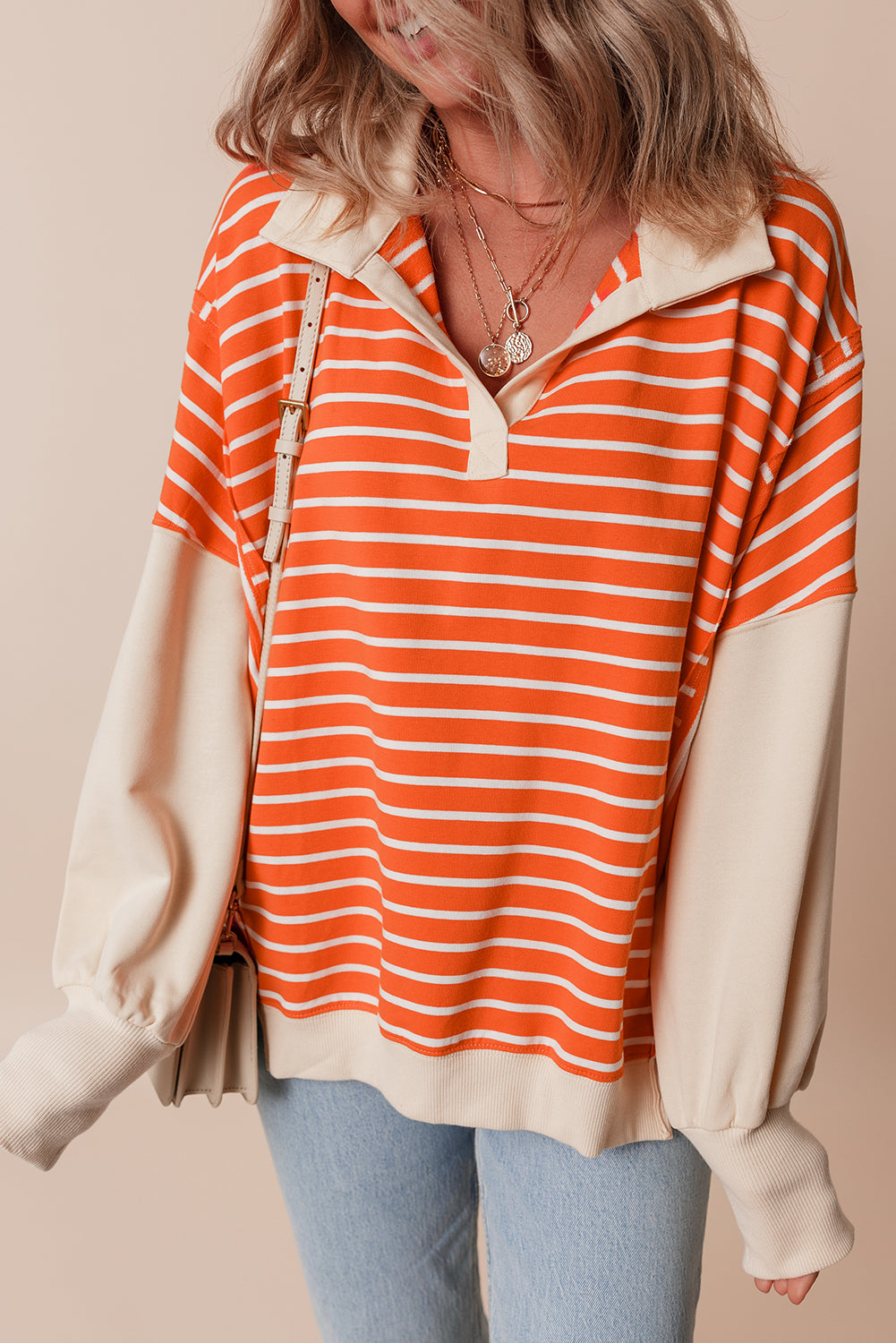 Orange Stripe Color Block Loose Fit Collared Drop Shoulder Sweatshirt- Women