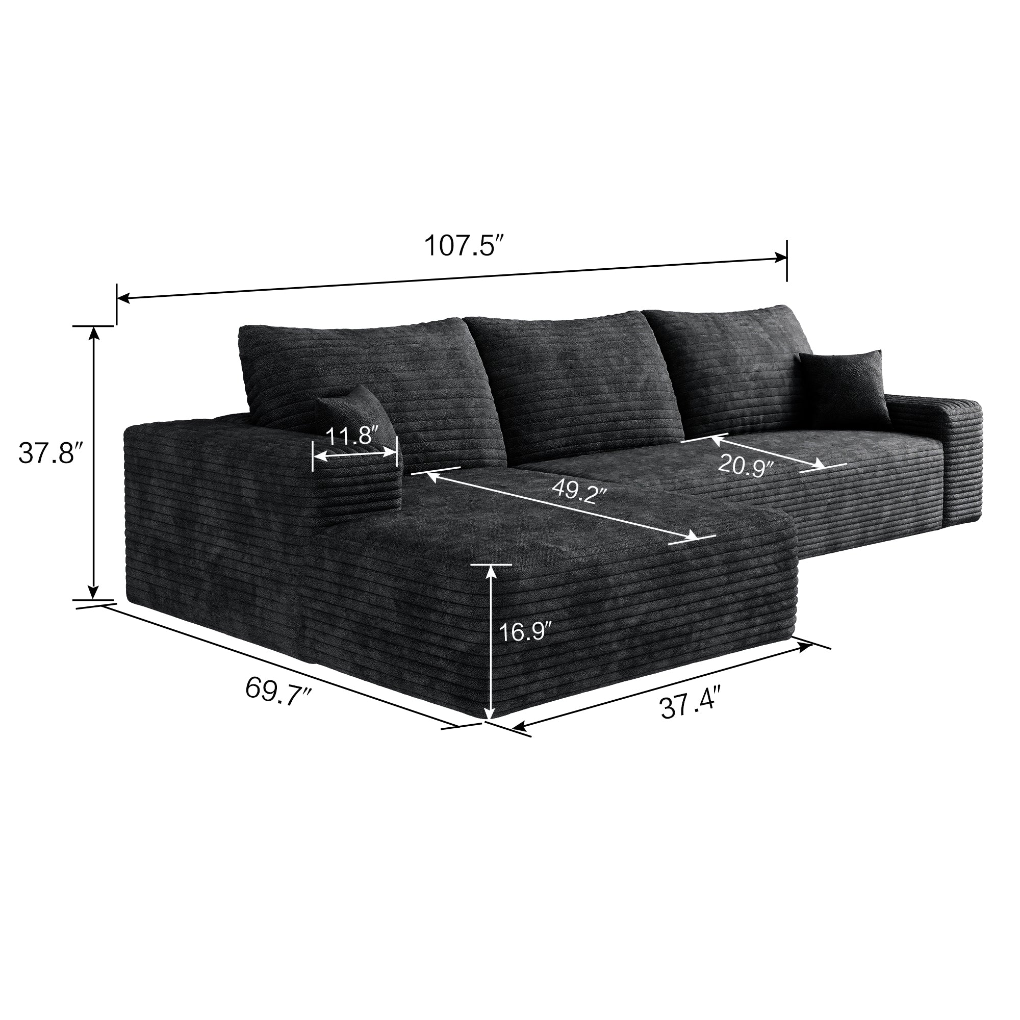 107' Cloud Sectional Couch with L-Shape Chaise,Modern Modular Sofa with Deep Seat, Upholstered Couches for Living Room Bedroom,No Assembly Required (Plush Corduroy Fabric)
