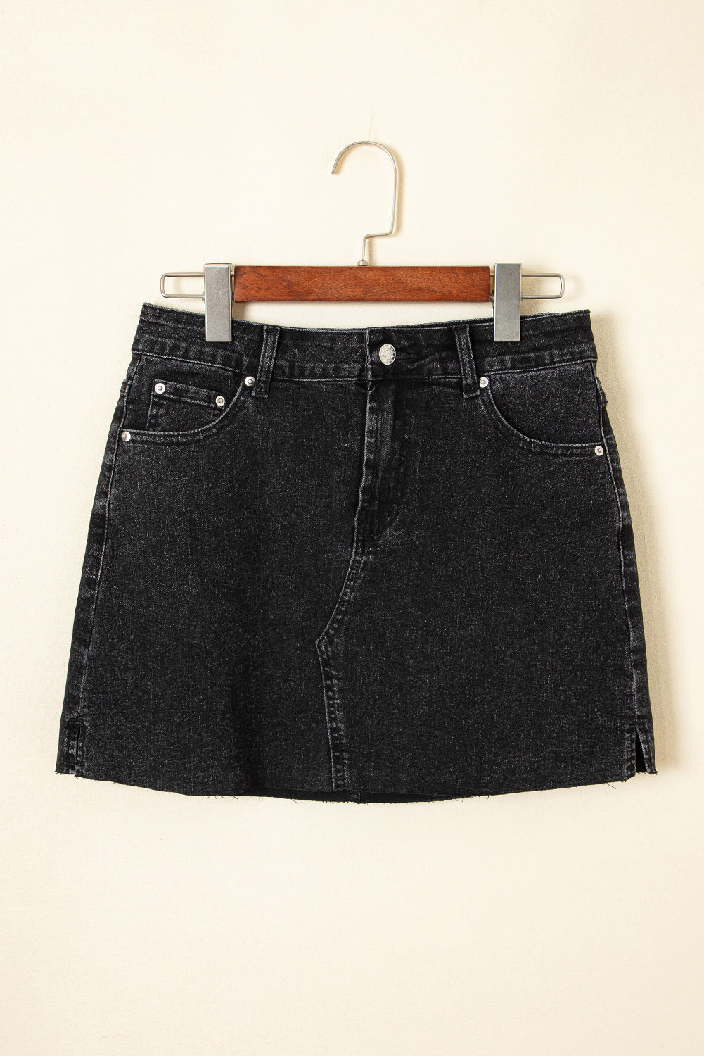 Carbon Grey Mineral Wash Ripped Raw Hem Denim Mini Skirt- Women