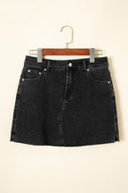 Carbon Grey Mineral Wash Ripped Raw Hem Denim Mini Skirt- Women