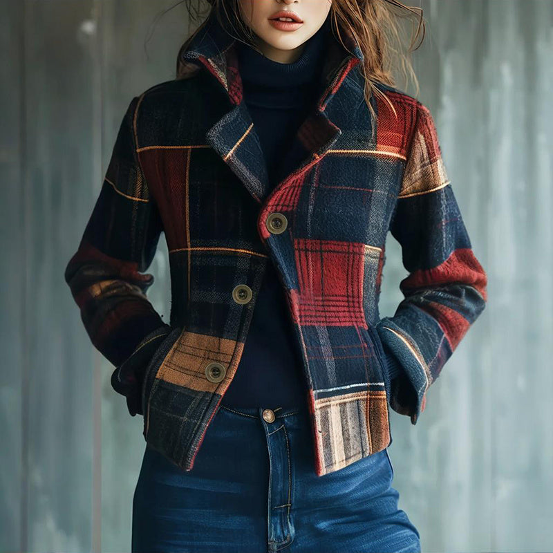 Vintage Women's Blazer With Stand Collar & Single Row Buttons Tailored Jacket For Autumn Winter Casual And Office Wear Plaid