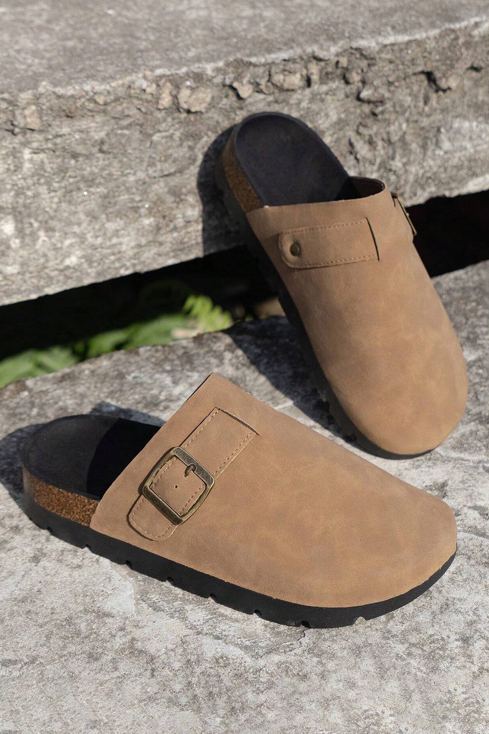 Light French Beige Suede Buckle Detail Slippers- Women