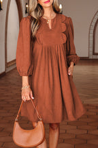 Cinnamon Bracelet Sleeve Split Neck Scallop Detail Pleated Corduroy Mini Dress- Women