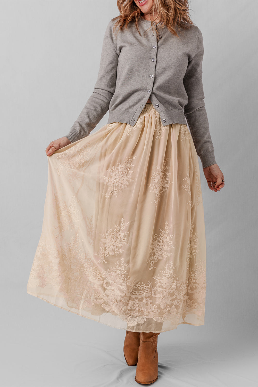 Oatmeal Embroidered Mesh Overlay Flowy Long Skirt- Women