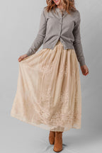 Oatmeal Embroidered Mesh Overlay Flowy Long Skirt- Women