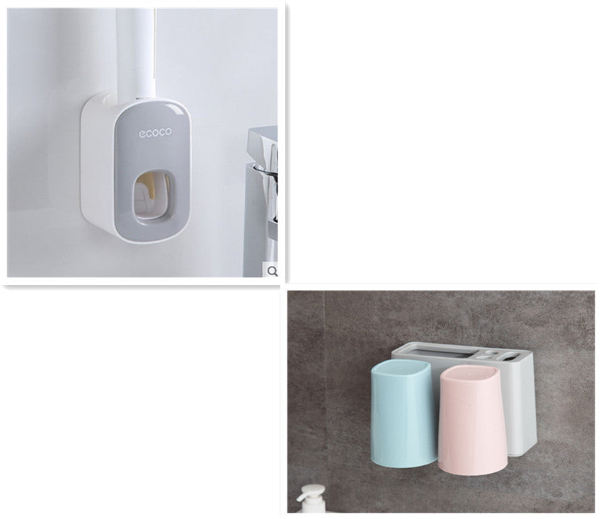 Wall Mounted Automatic Toothpaste Holder Bathroom Accessories Set Dispenser Grey Double cups