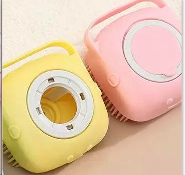 Silicone Dog Bath Massage Gloves Brush Pet Cat Bathroom Cleaning Tool Comb Brush For Dog Can Pour Shampoo Dog Grooming Supplies Pink and yellow square