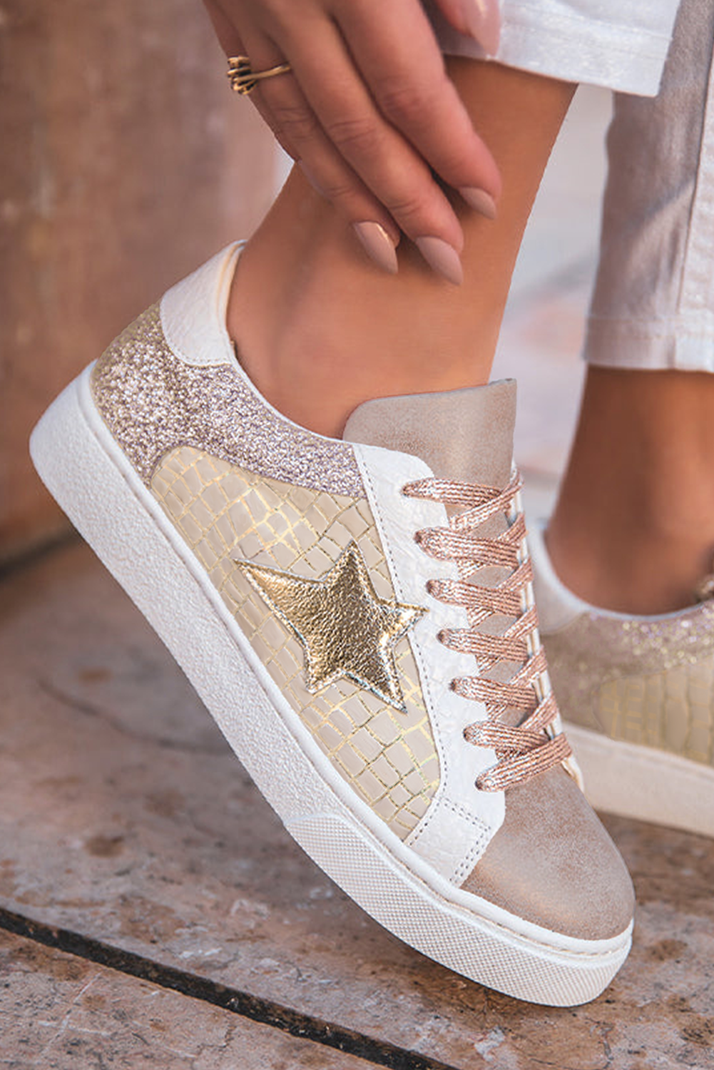 Dearlove Gold Glitter Star Patchwork PU Leather Lace-up Sneakers- Women
