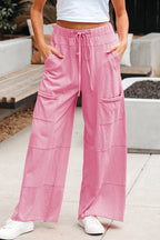 Bonbon Mineral Wash Exposed Seam Drawstring Elastic Waistband Wide Leg Cargo Pants- Women
