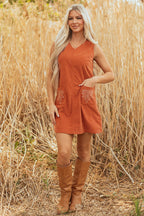 Gold Flame Corduroy Western Embroidered Patched Pocket Shift Sleeveless Mini Dress- Women