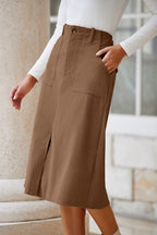 Coffee Front Slit Shift High Waist Midi Skirt- Women