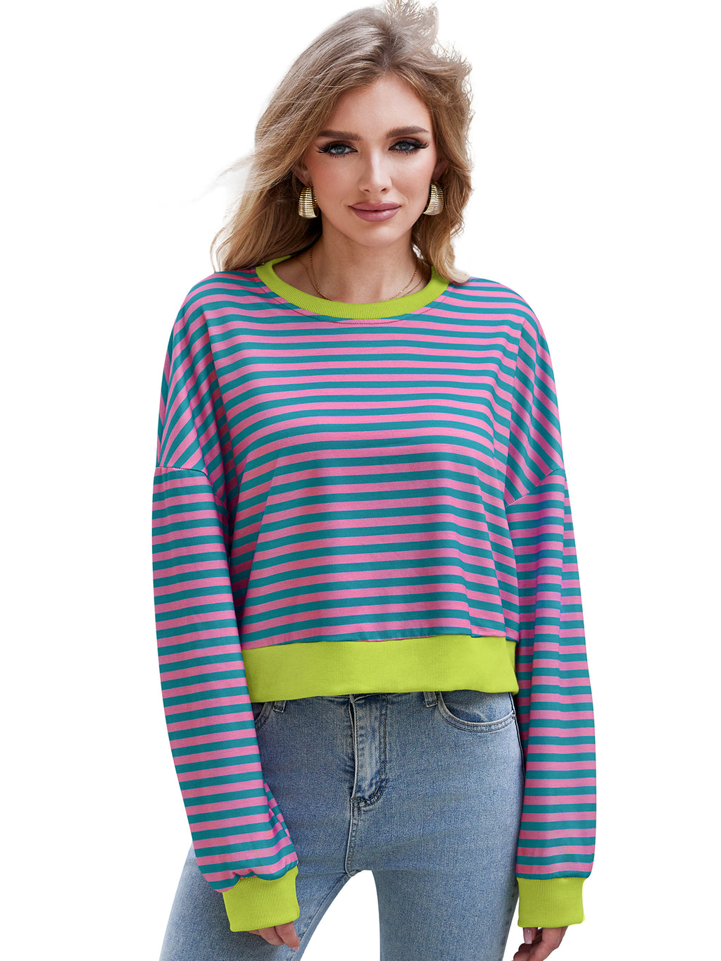 Women's Long Sleeved Striped Round Neck Sweater Top Pink