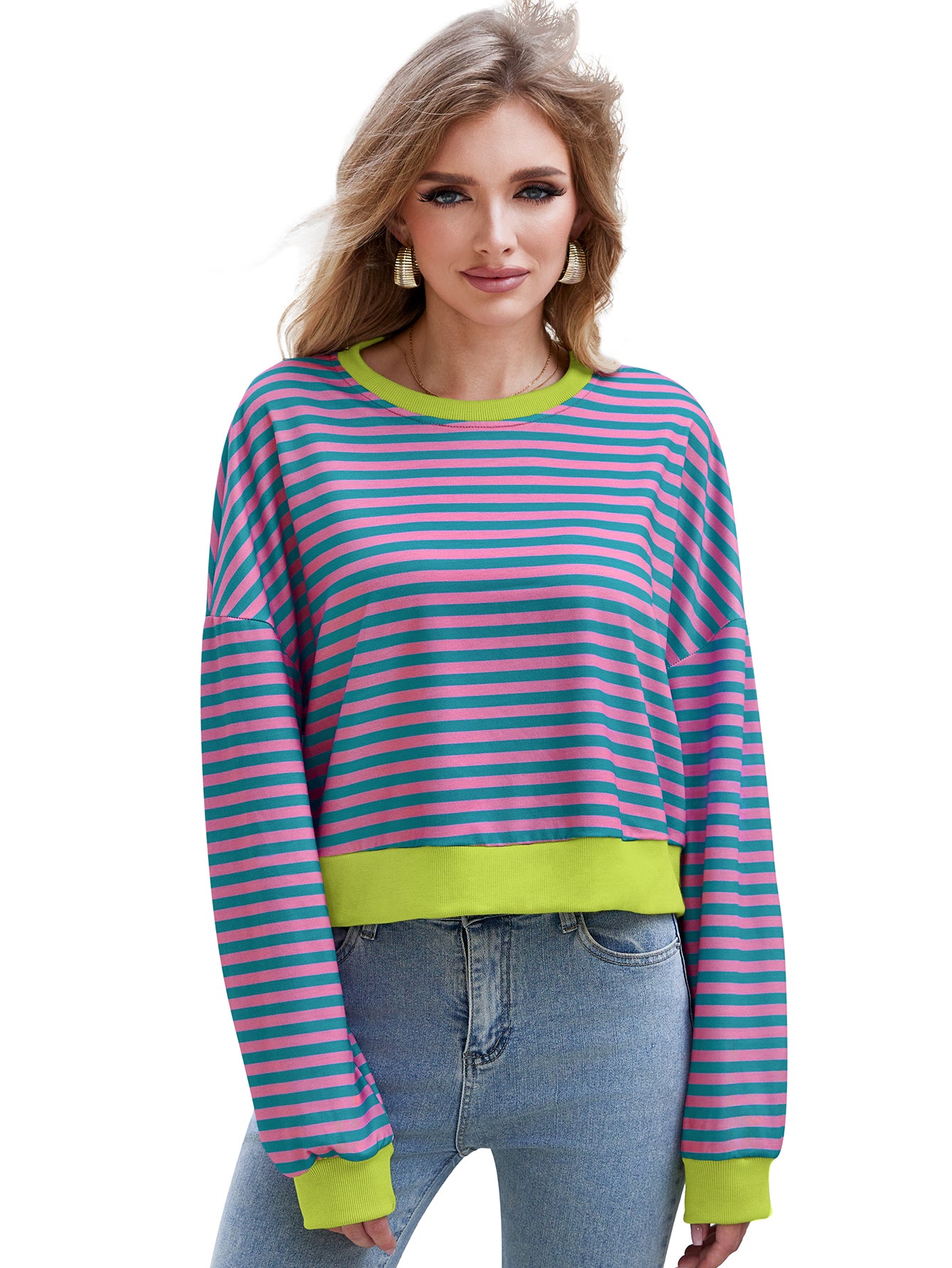 Women's Long Sleeved Striped Round Neck Sweater Top Pink