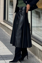Black Faux Leather Retro Buckle Detail Pleated Stitch Flared Midi Skirt- Women