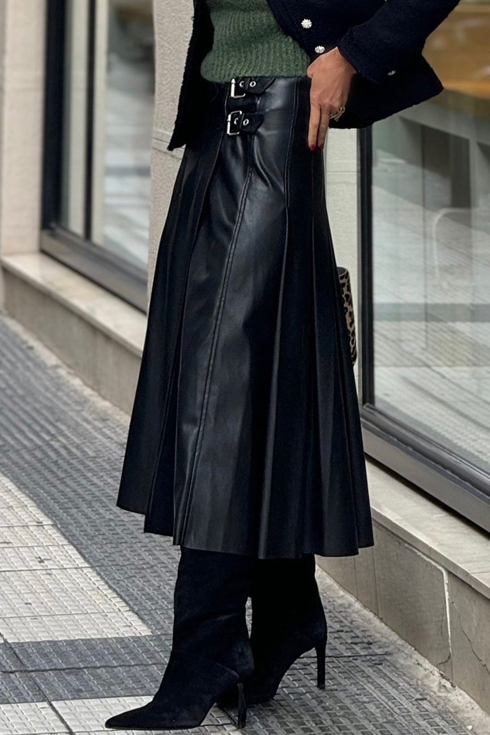 Black Faux Leather Retro Buckle Detail Pleated Stitch Flared Midi Skirt- Women