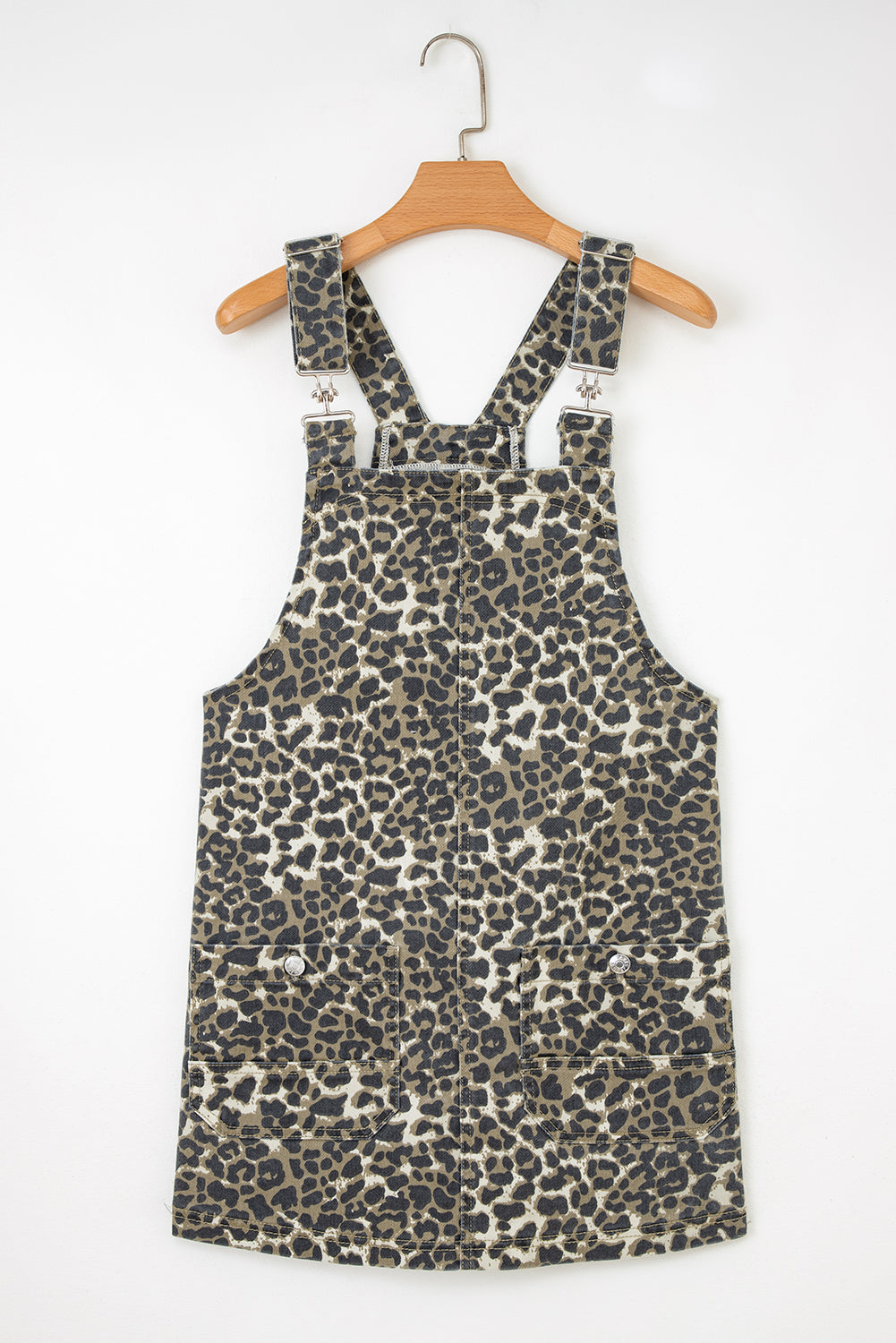 Gray Leopard Print Pocketed Loose Fit Denim Overall Dress- Women