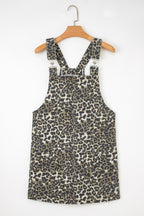 Gray Leopard Print Pocketed Loose Fit Denim Overall Dress- Women