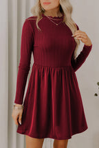 Red Dahlia Frilled Neck Ribbed Knit Patchwork Long Sleeve Mini Dress- Women