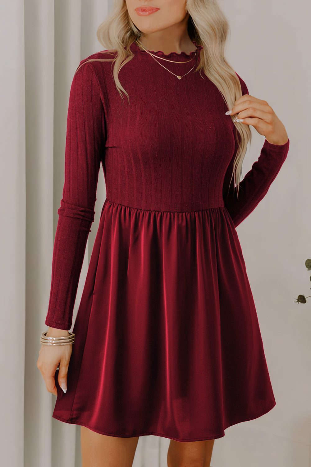 Red Dahlia Frilled Neck Ribbed Knit Patchwork Long Sleeve Mini Dress- Women