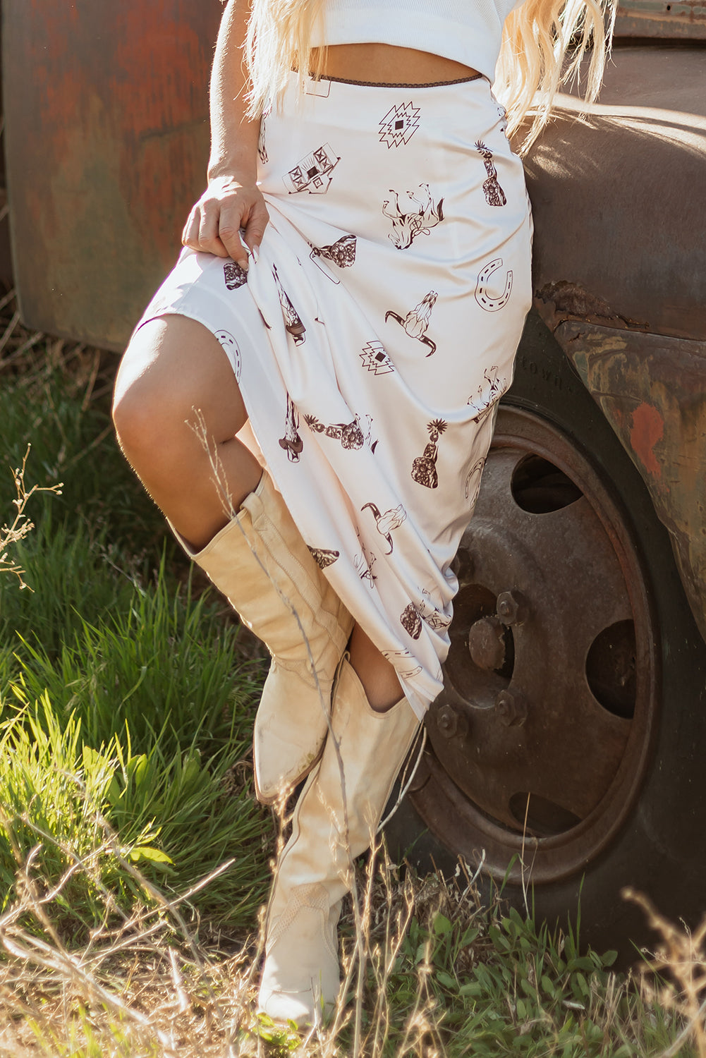 Beige Western Print Satin Long Skirt- Women