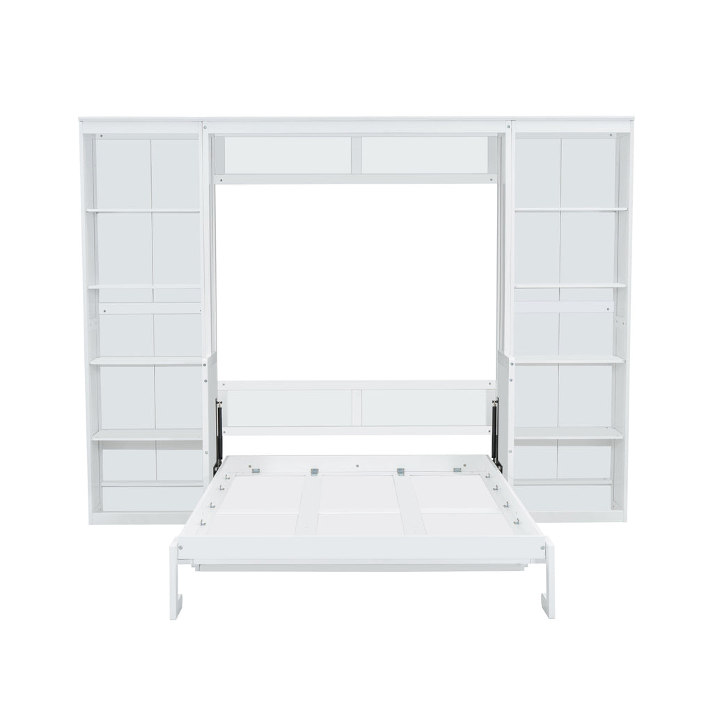 White Full Size Murphy Bed with Desk and Bookshelf, Pine Wood+MDF, 110.3''L x 79.8''W x 82''H