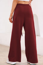 Burgundy Tied Elastic High Waist Pleated Detail Solid Sweatpants- Women