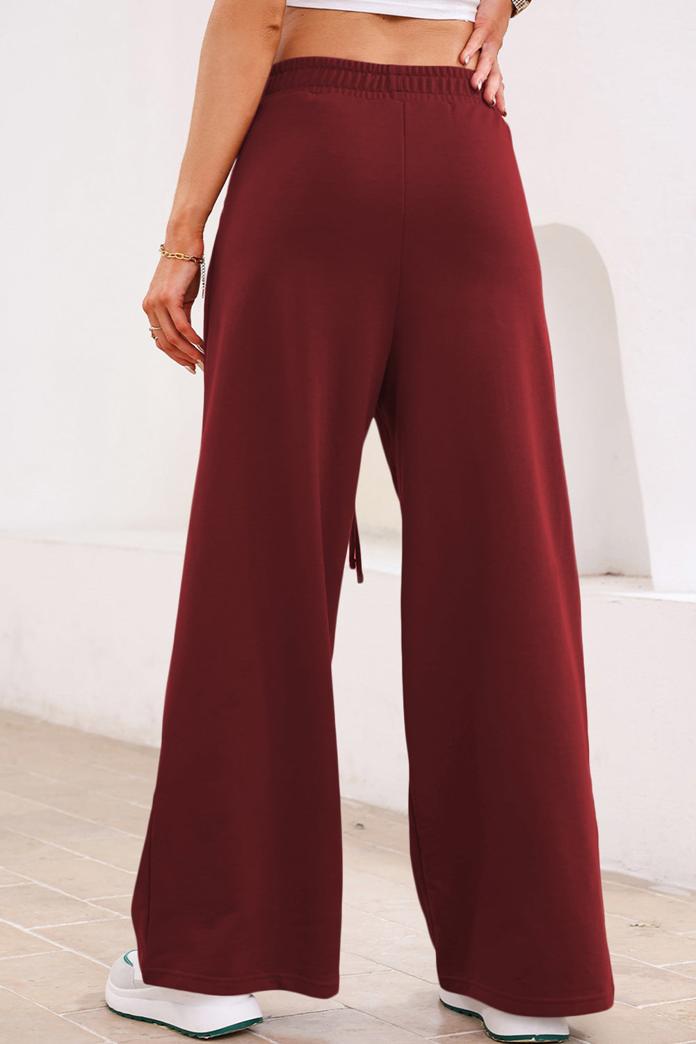 Burgundy Tied Elastic High Waist Pleated Detail Solid Sweatpants- Women