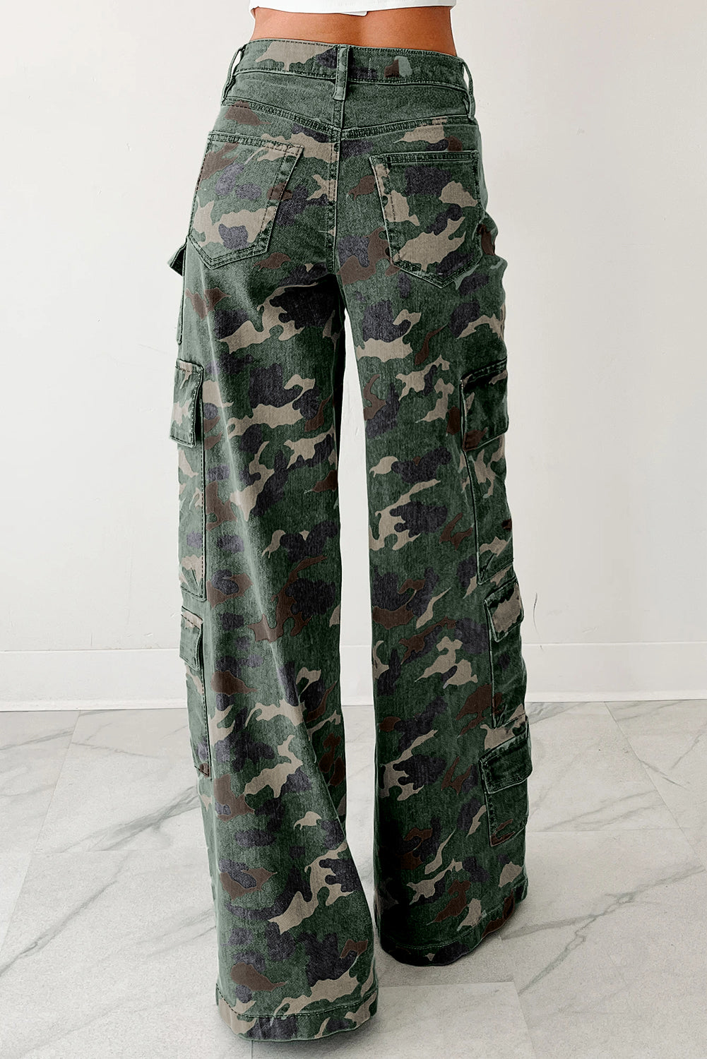 Green Camo Denim Cargo Wide Leg Pants- Women