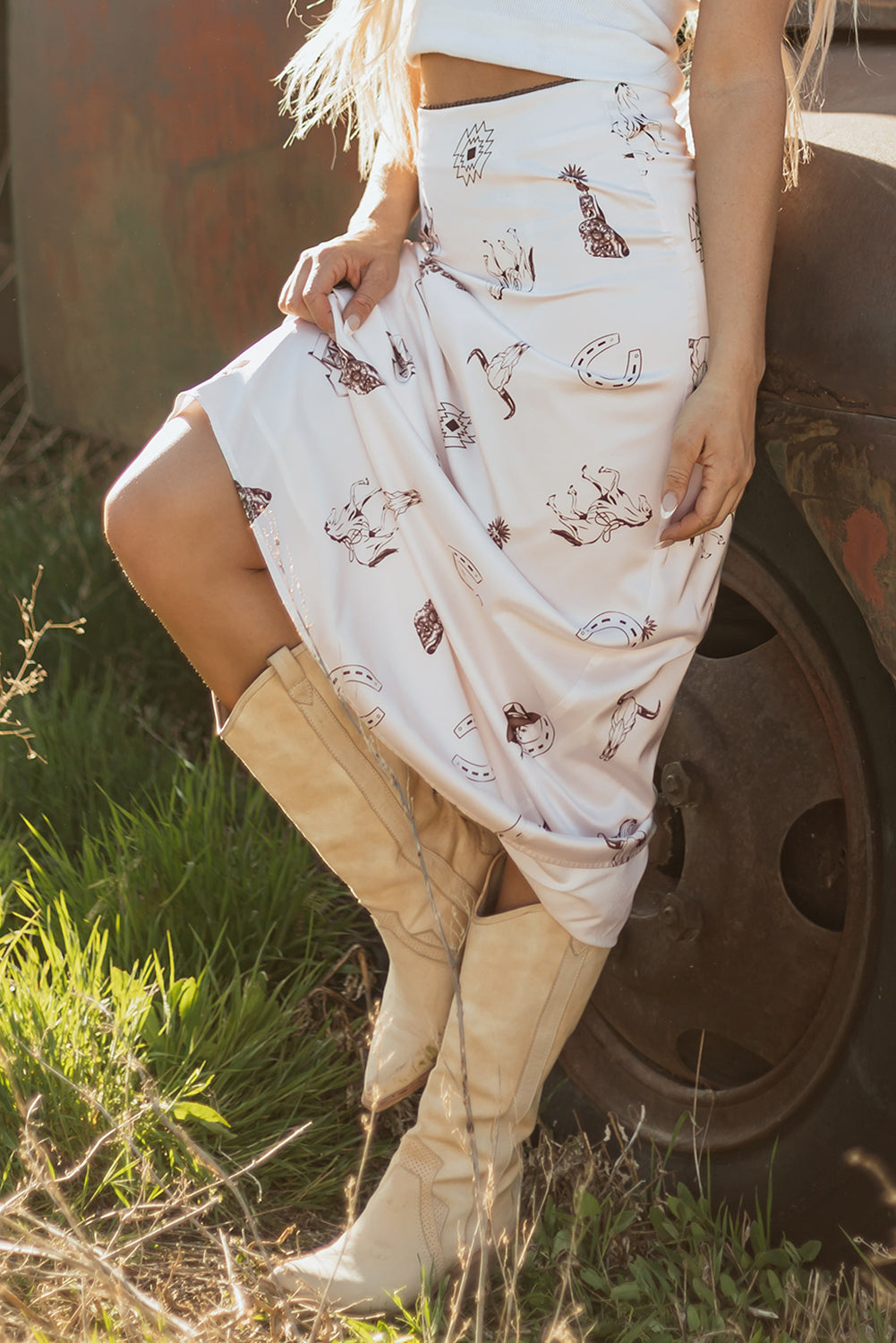 Beige Western Print Satin Long Skirt- Women