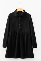 Black Corduroy Half Button Collared Long Sleeve Mini Dress- Women