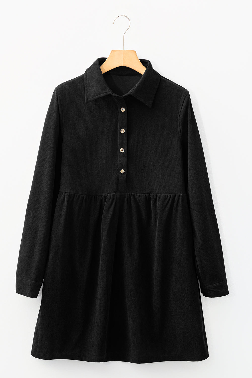 Black Corduroy Half Button Collared Long Sleeve Mini Dress- Women