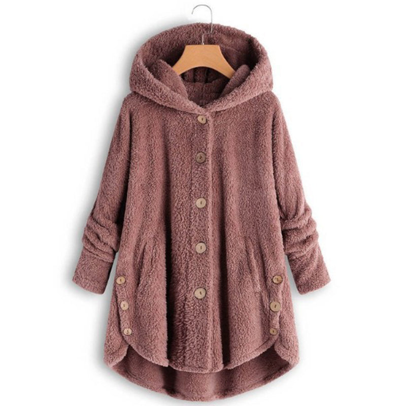 Plus Size Women's Vintage Sherpa Hooded Cardigan Plush Lined Button Up Jacket For Autumn And Winter Pink