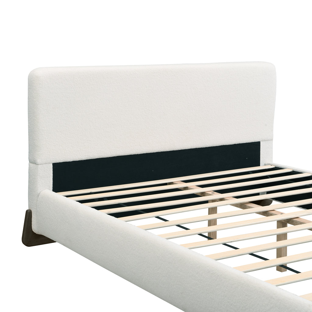 Elegant White Boucle Upholstered King Bed with Dark Brown Solid Wood Legs, Luxurious Bedroom Centerpiece