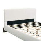 Elegant White Boucle Upholstered King Bed with Dark Brown Solid Wood Legs, Luxurious Bedroom Centerpiece