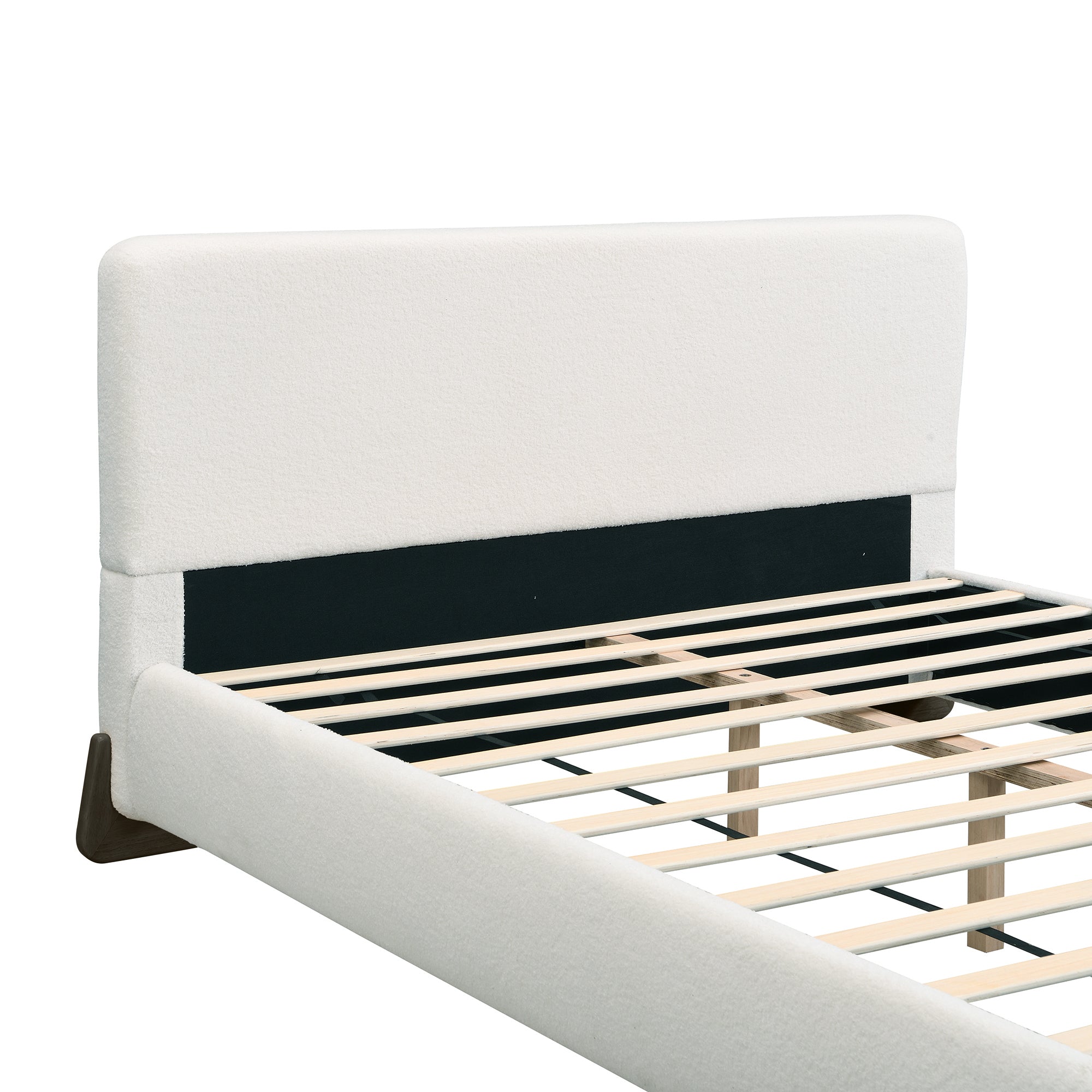 Elegant White Boucle Upholstered King Bed with Dark Brown Solid Wood Legs, Luxurious Bedroom Centerpiece