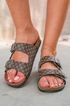 Coffee Geometric Print Cut Out Buckle PU Leather Flat Slippers- Women