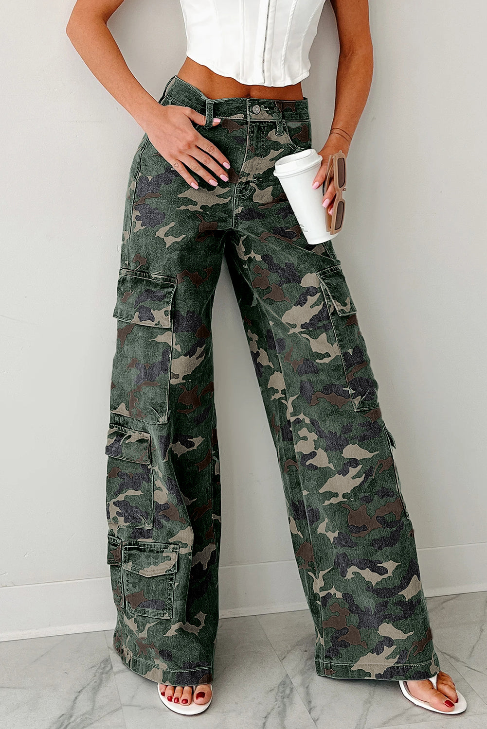 Green Camo Denim Cargo Wide Leg Pants- Women Green 65%Cotton+35%Polyester