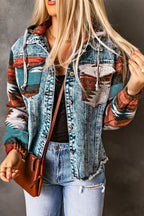 Multicolor Aztec Print Frayed Hem Denim Jacket- Women Multicolor 75%Cotton+25%Polyester