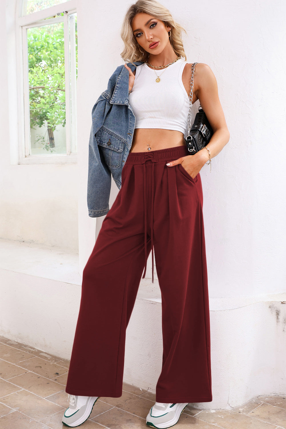 Burgundy Tied Elastic High Waist Pleated Detail Solid Sweatpants- Women