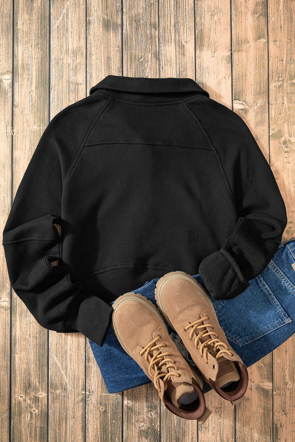 Black Fleece Lined Zip Up Stand Collar Thumbhole Sleeve Sweatshirt- Women