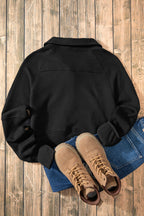 Black Fleece Lined Zip Up Stand Collar Thumbhole Sleeve Sweatshirt- Women