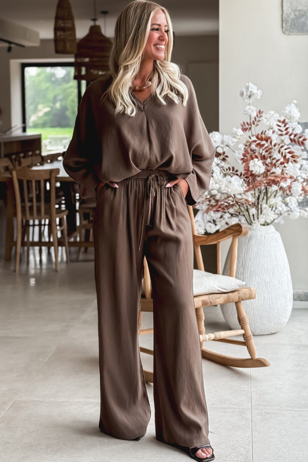 Dark Brown Braided V Neck Long Sleeve Loose Top and Drawstring High Waist Pants 2pcs Outfit- Women