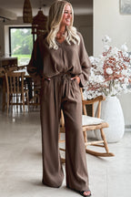 Dark Brown Braided V Neck Long Sleeve Loose Top and Drawstring High Waist Pants 2pcs Outfit- Women