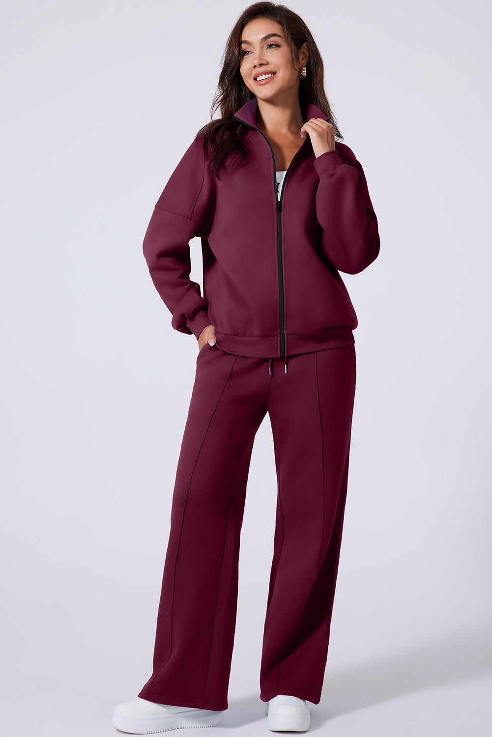 Burgundy Drop Shoulder Zip Up Jacket Drawstring Pants Active 2pcs Set- Women